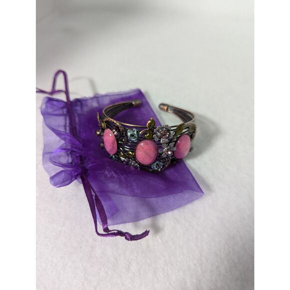 Cuff bracelet S/M pink cabochons Ename,l rhinestones see photos for measurements - Picture 13 of 13